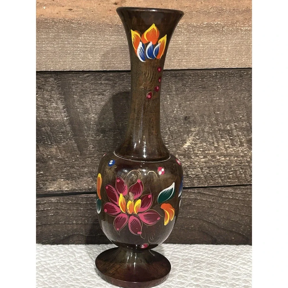 Vintage Handpainted Wood Floral Vase‎ - MCM Multicolor